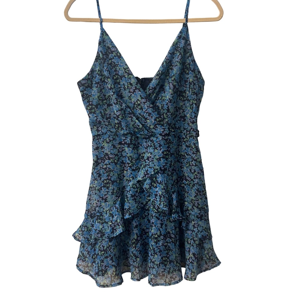 Trixxi Floral Mini Dress Blue Ruffle V-Neck Sleeveless Party‎ Dress L